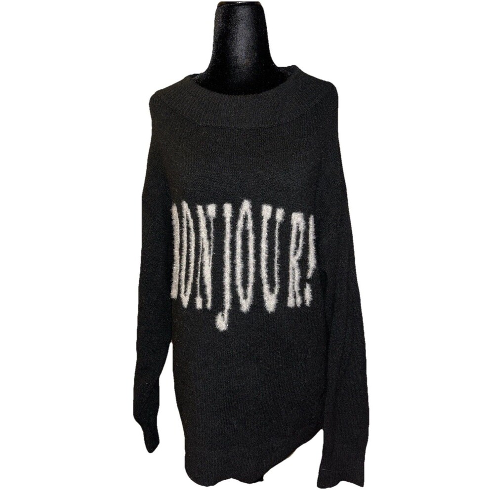 A New Day Medium Fuzzy Bonjour Black & White Long Sleeve Pullover Sweater